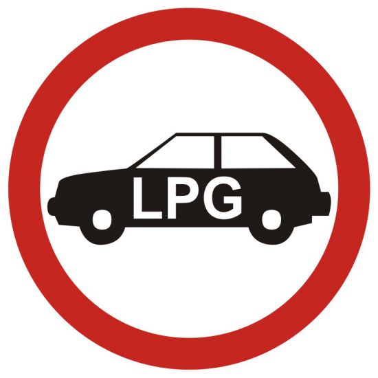 Znak - zakaz wjazdu pojazdów napędzanych gazem (do garaży podziemnych i na parkingi o szczególnym przeznacz.)