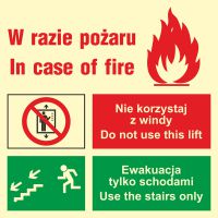 Znak zakaz korzystania z windy w razie pożaru (lewostronne)