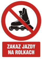 Znak zakaz jazdy na rolkach z opisem