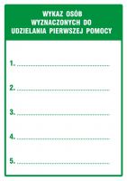 Znak wykaz osób wyznaczonych do udzielania pierwszej pomocy z opisem