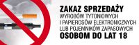 Znak zakaz sprzedaży wyrobów tytoniowych i papierosów elektronicznych lub pojemników zapasowych osobom do lat 18
