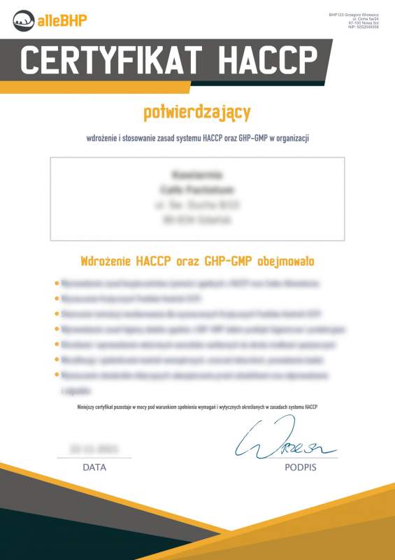 Certyfikat GHP-GMP dla kawiarni