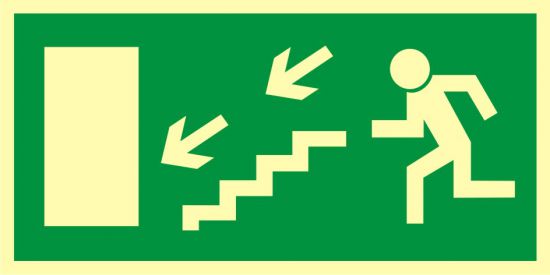 Znak ewakuacyjny - kierunek do wyjścia drogi ewakuacyjnej schodami w dół w lewo 2