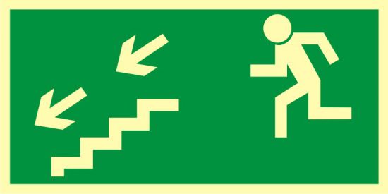 Znak ewakuacyjny - kierunek do wyjścia drogi ewakuacyjnej schodami w dół w lewo