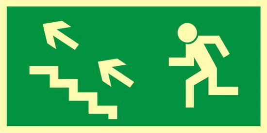 Znak ewakuacyjny - kierunek do wyjścia drogi ewakuacyjnej schodami w górę w lewo