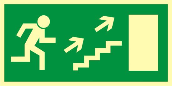 Znak ewakuacyjny - kierunek do wyjścia drogi ewakuacyjnej schodami w górę w prawo 2