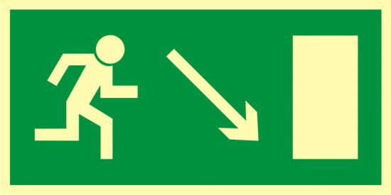 Znak ewakuacyjny - kierunek do wyjścia drogi ewakuacyjnej w dół w prawo