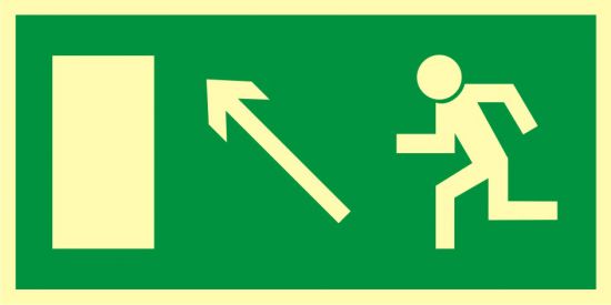 Znak ewakuacyjny - kierunek do wyjścia drogi ewakuacyjnej w górę w lewo