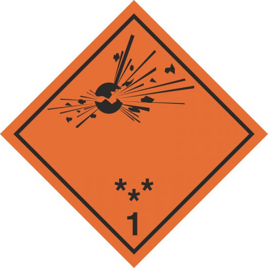 Znak BHP - materiały i przedmioty wybuchowe. Podklasy 1.1, 1.2 i 1.3
