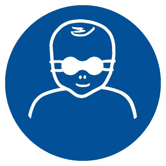 Znak BHP - nakaz ochrony wzroku dzieci przyciemnianymi okularami ochronnymi