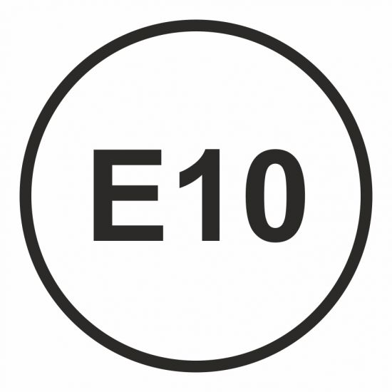 Znak - E10 - benzyna - maksymalna zawartość etanolu w paliwie 10%