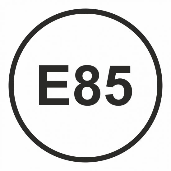 Znak - E85 - benzyna - maksymalna zawartość etanolu w paliwie 85%