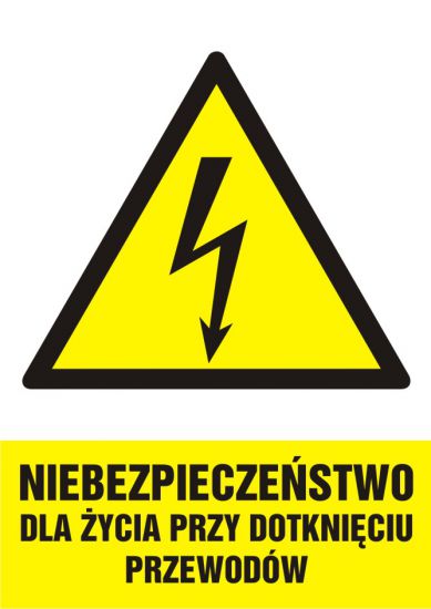 Znak elektryczny - niebezpieczeństwo dla życia przy dotknięciu przewodów - pionowy