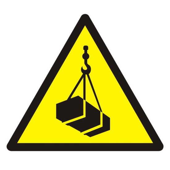 Znak BHP - ostrzeżenie przed wiszącymi przedmiotami (wiszącym ciężarem)