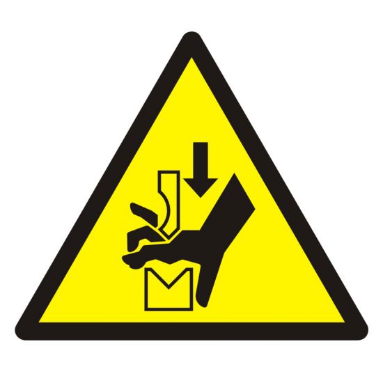 Znak BHP - ostrzeżenie przed zgnieceniem dłoni między prasą i stopą