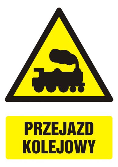 Znak BHP - przejazd kolejowy z opisem