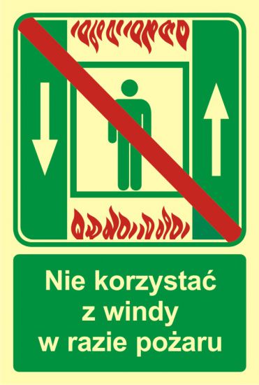 Znak ewakuacyjny - zakaz korzystania z dźwigu osob. w razie pożaru