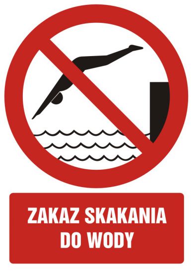 Znak BHP - zakaz skakania do wody z opisem