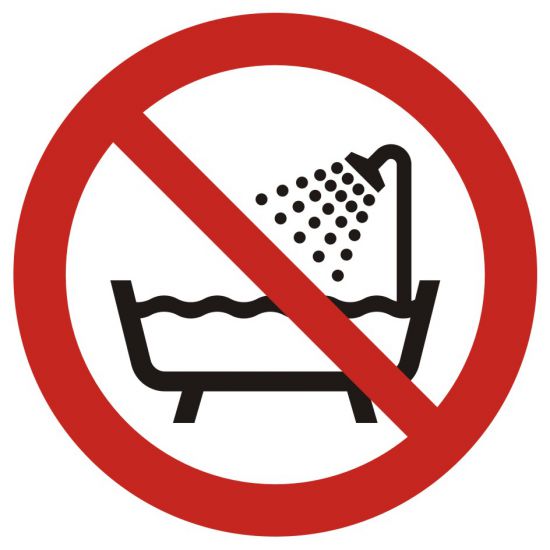 Znak BHP - zakaz używania urządzenia w wannie, pod prysznicem i w zbiornikach wypełnionych wodą