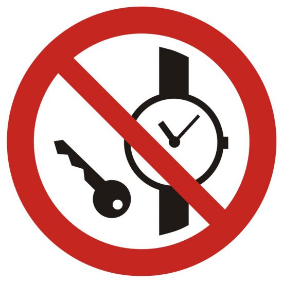 Znak BHP - zakaz wstępu z przedmiotami metalowymi i zegarkami