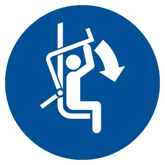 Znak BHP - zamknij zabezpieczenie wyciągu krzesełkowego