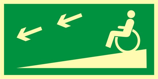 Znak ewakuacyjny - zjazd ewakuacyjny na niższą kondygnację dla niepełnosprawnych w lewo