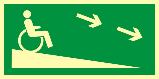 Znak ewakuacyjny - zjazd ewakuacyjny na niższą kondygnację dla niepełnosprawnych w prawo