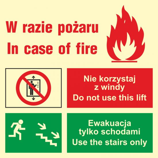Znak ewakuacyjny - zakaz korzystania z windy w razie pożaru (prawostronne)