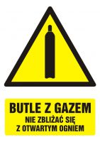 Znak BHP - butle z gazem - nie zbliżać się z otwartym ogniem z opisem