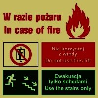 Znak ewakuacyjny - zakaz korzystania z windy w razie pożaru (prawostronne)